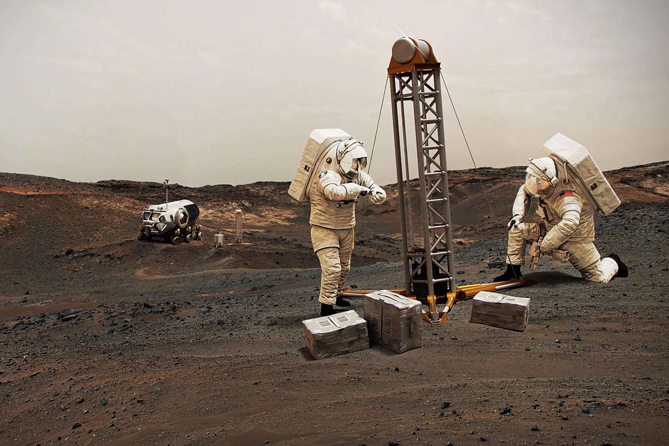 Two astronauts operate drill on red, rocky Martian plain