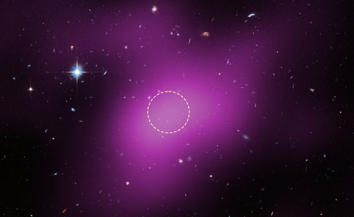 A diffuse purple blob of gas against the depths of intergalactic space, with a dashed circular annotation denoting the blob's central, most gas-dense region.