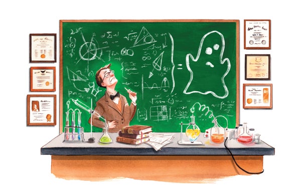 Illustration of a science educator in front of a chalkboard with many notes and drawings