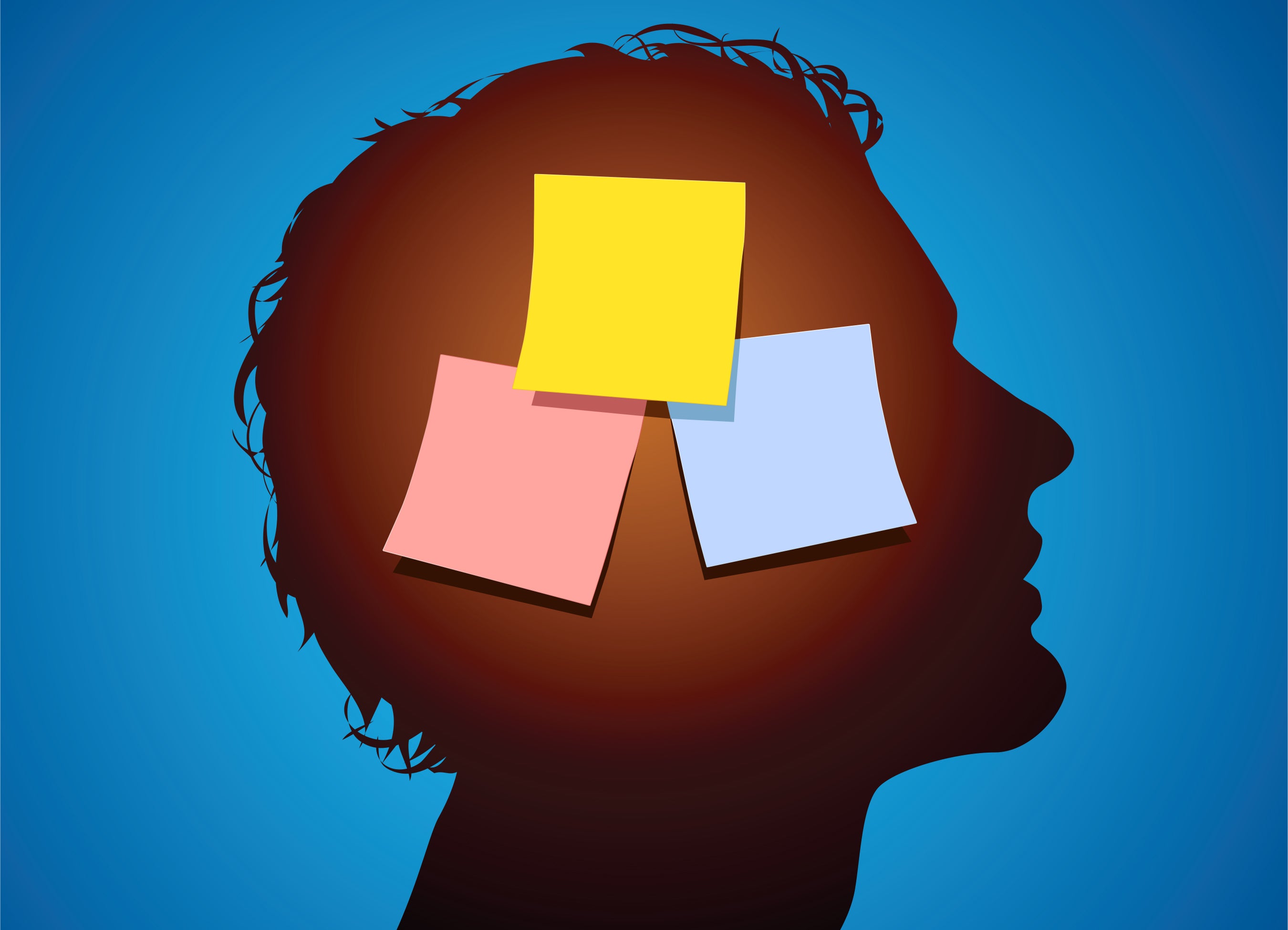 Male head silhouette with sticky notes and blue background.
