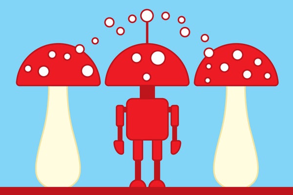 Fanciful illustration of two mushrooms with a similar-looking robot standing between them, apparently communicating