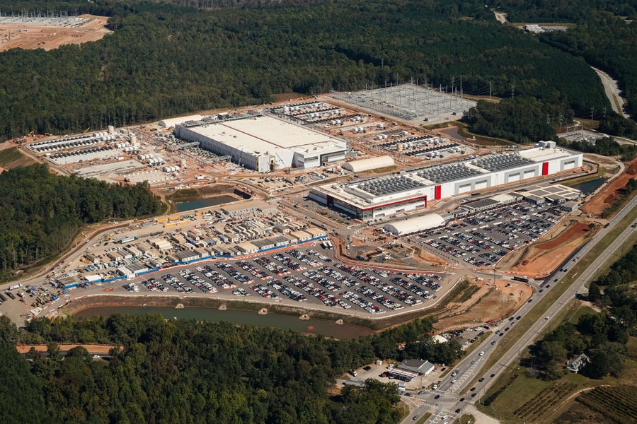 Aerial of data center in landscape.