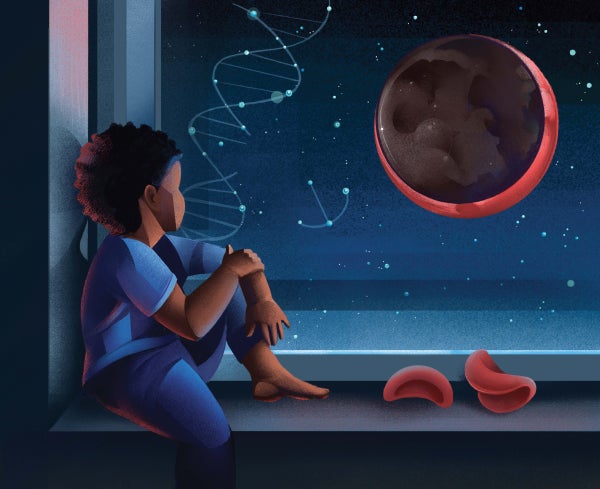 Illustration of young black boy sitting on his windowsill, looking out to a red moon, surrounded by blood cells and DNA