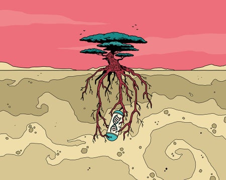 Illustration of a time capsule pill growing underground within tree roots