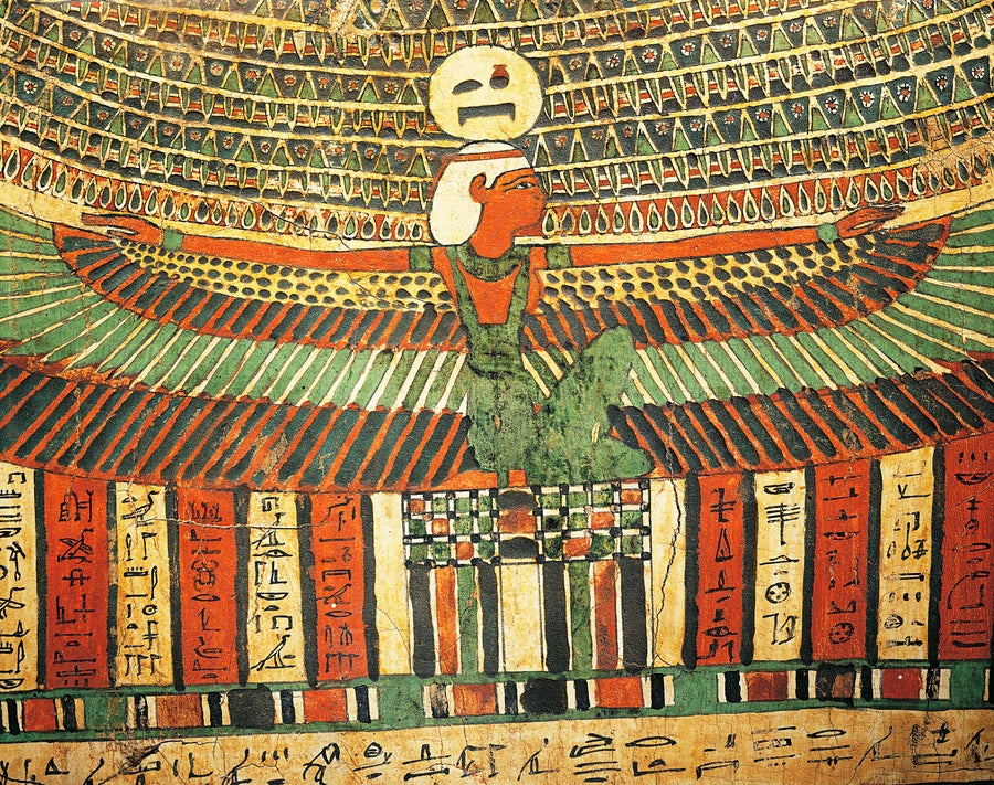 Plastered and painted wood depicting goddess, Nut, protecting false door leading to afterlife, from Sarcophagus of Tashakheper