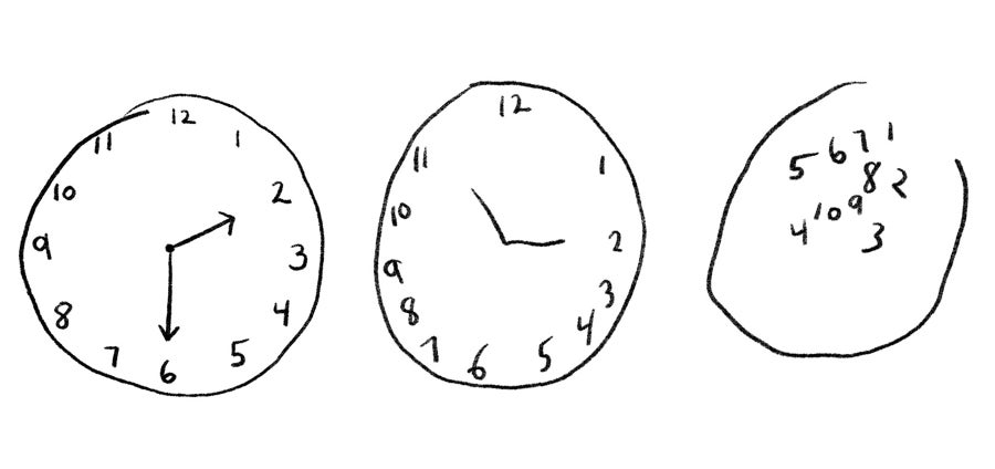 Illustration of different clocks, drawn by Alzheimer's patients