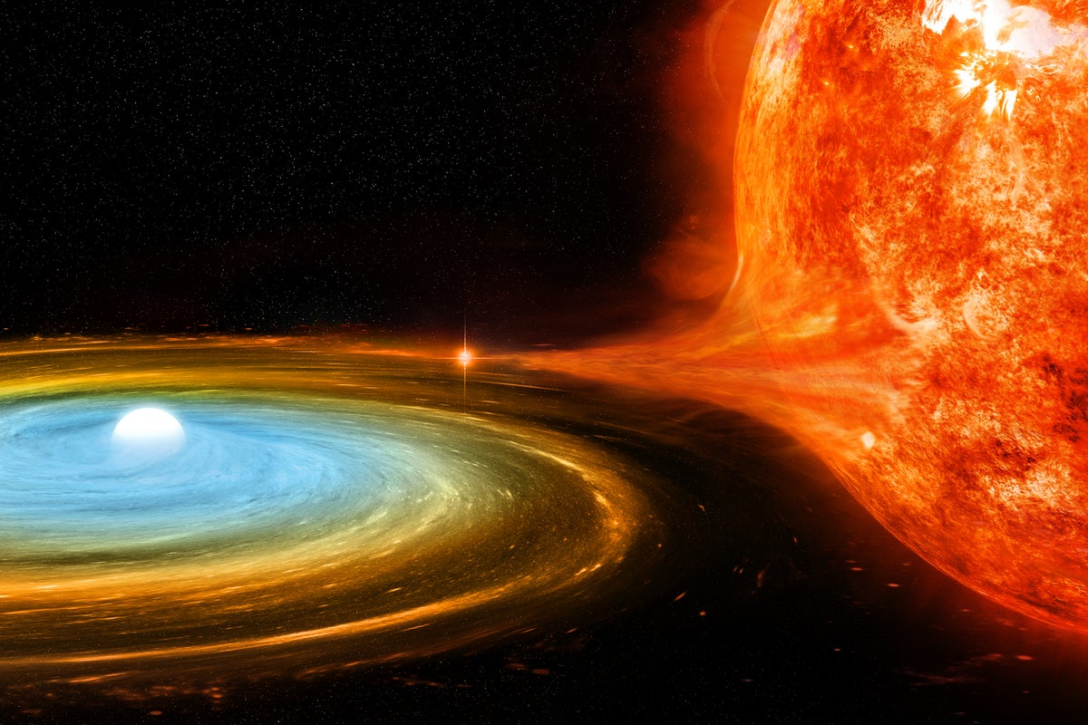 An illustration of a stellar remnant called a white dwarf (left) siphoning gas from a larger companion star (right). Such systems can erupt in enormou