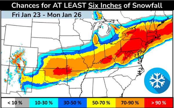 Un mapa de la mitad oriental de los Estados Unidos contiguos con colores rojo, naranja, amarillo y azul que indican los cambios de al menos seis pulgadas de nieve.