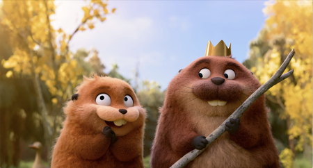 Two animated beavers stand next to each other. One is wearing a crown.
