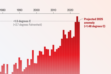 Cropped image of a bar chart shows temperature anomalies over time and highlights the 2025 value of +1.48 degrees Celsius.