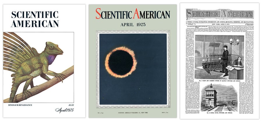 Covers of three Scientific American from 1975, 1925 and 1875