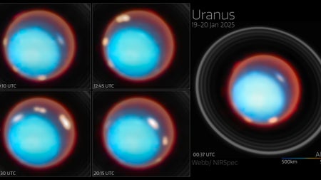 A time-lapse view of the planet Uranus, showing five sequential images of the planet to reveal its changing auroras.