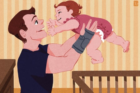 Illustration of a person in a wrist brace holding up a baby