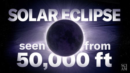 A composite image of a solar eclipse with a glowing, lavender-hued corona sits behind the text "Solar eclipse seen from 50,000ft"