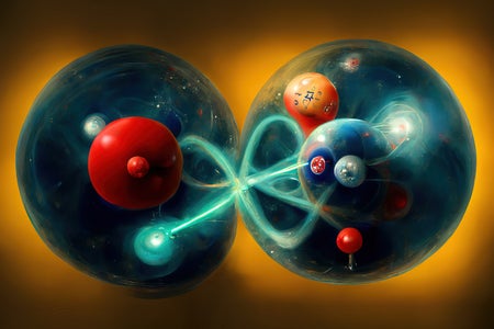 Subatomic particles and atoms, conceptual illustration