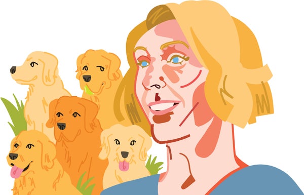 Illustration of a blonde woman and five golden retreivers