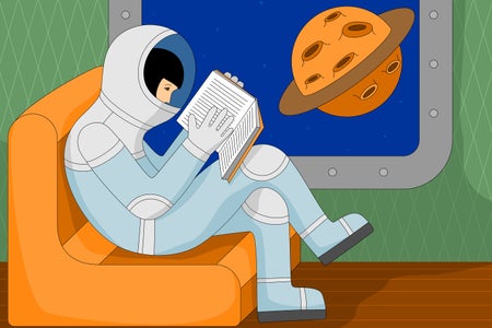 Girl in a spacesuit reading a book on an interstellar train