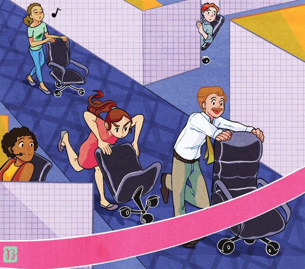 Illustration of an office worker pushing a wheelchair