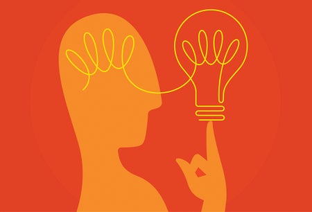Illustration of a silhouette of a head, the finger holding up a lightbulb