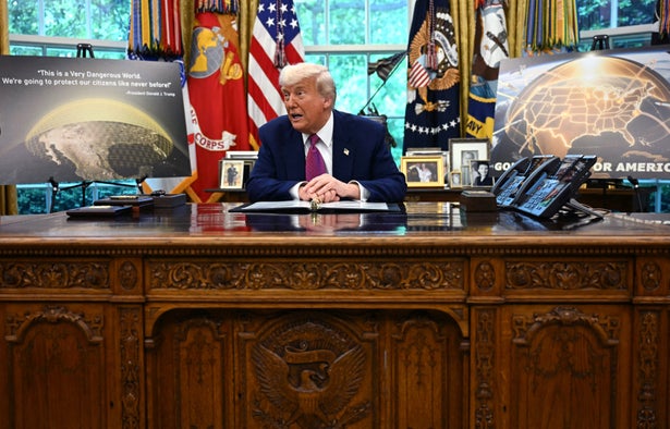 U.S. President Donald Trump speaks in the Oval Office of the White House on May 20, 2025, during a briefing announcing his administration’s plan for the “Golden Dome” missile defense shield.