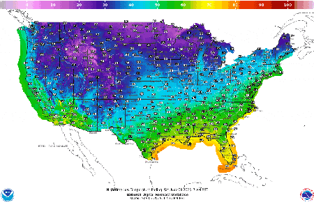 A map of the US showing color-coded temperatures. The blues and purples showing the coldest temperatures push southward and eastward over time