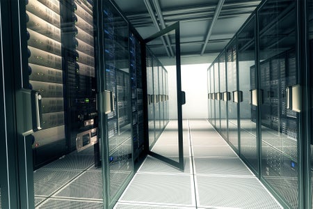 Photo illustration of an aisle in a server room with a door open on one of the equipment cases