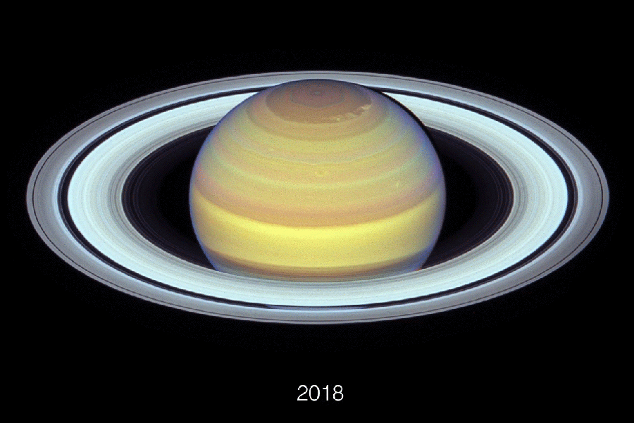 Animated series of Hubble Space Telescope images of the planet Saturn taken annually from 2018 to 2024, shows how the tilt of the ring system changes relative to the view from Earth, as Saturn orbits the Sun. Approximately every 15 years the relatively paper-thin rings (about one mile thick) can be seen edge-on. In 2018 they were near their maximum tilt toward Earth. In March of 2025 they will be edge-on.