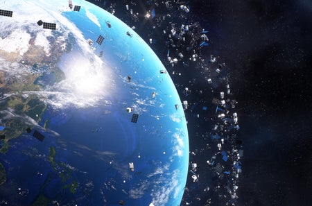 Illustration of Earth with space debris in orbit around it