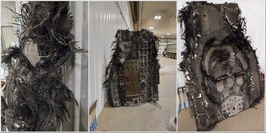 Three different views of a large piece of debris from a SpaceX Crew Dragon vehicle