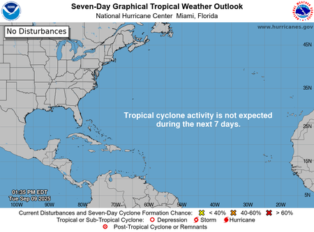 NOAA's 7-Day Graphical Tropical Weather Outlook with map of the Atlantic Ocean and a message stating, "Tropical cyclone activity is not expected during the next 7 days"