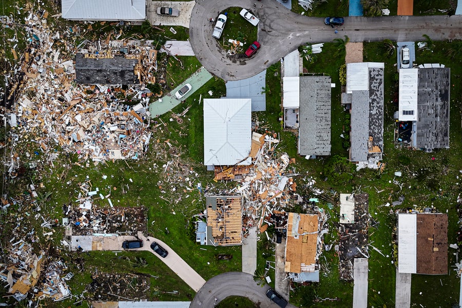 Aerial view houses destroyed by Hurricane Milton