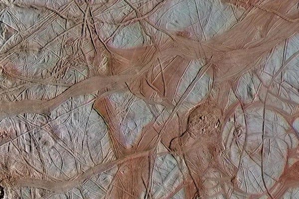 Detailed view of surface of "chaos terrain" on Jupiter’s moon Europa