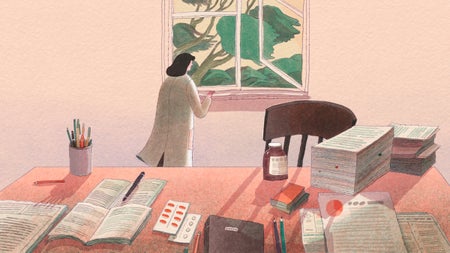 An illustration of a woman scientist standing at a window looking out with a desk and papers in the foreground