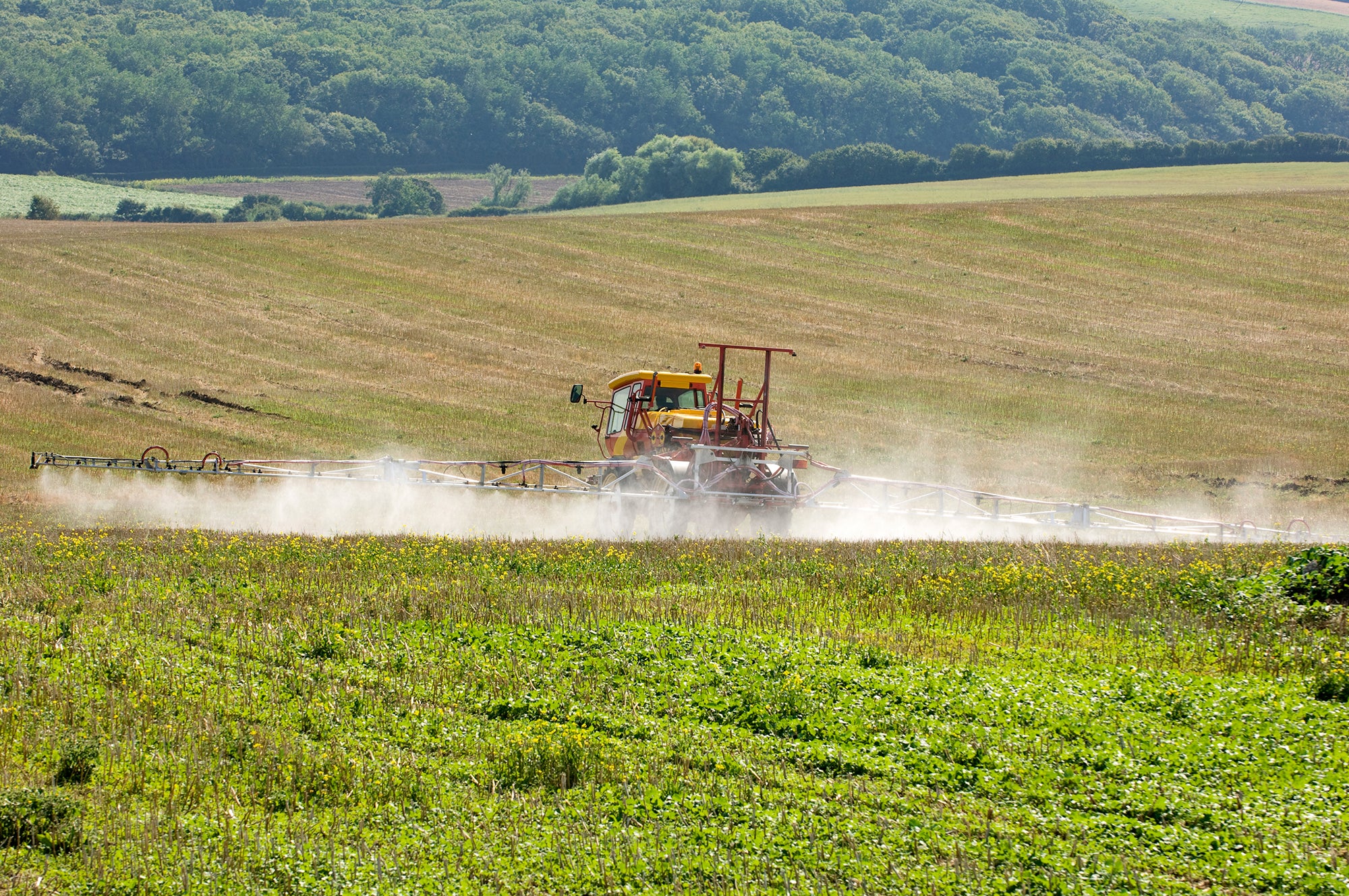 Tractor with spray rig spraying fertilizer onto field