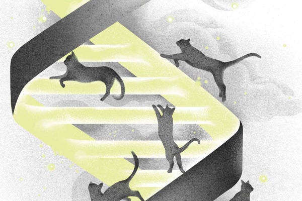 Illustration of multiple cats climbing up a DNA strand