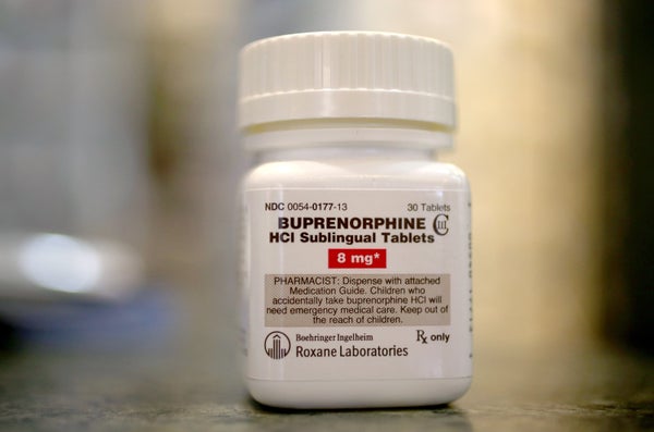 A bottle of the generic prescription pain medication Buprenorphine is seen in a pharmacy