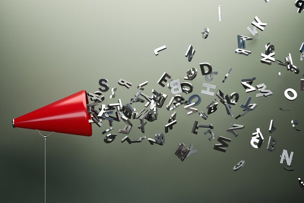 3D illustration, red megaphone with silver colored alphabet letters floating outward from megaphone's opening in front of gray wall
