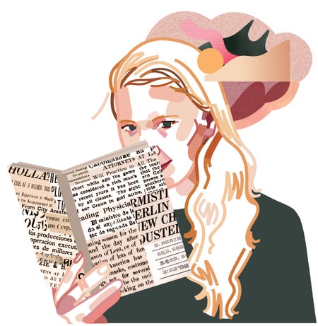 Illustration of a woman reading a book thought bubble behind head