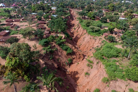 An aerial view over an urban gully in Kamonia, Democratic Republic of Congo on March 20, 2025