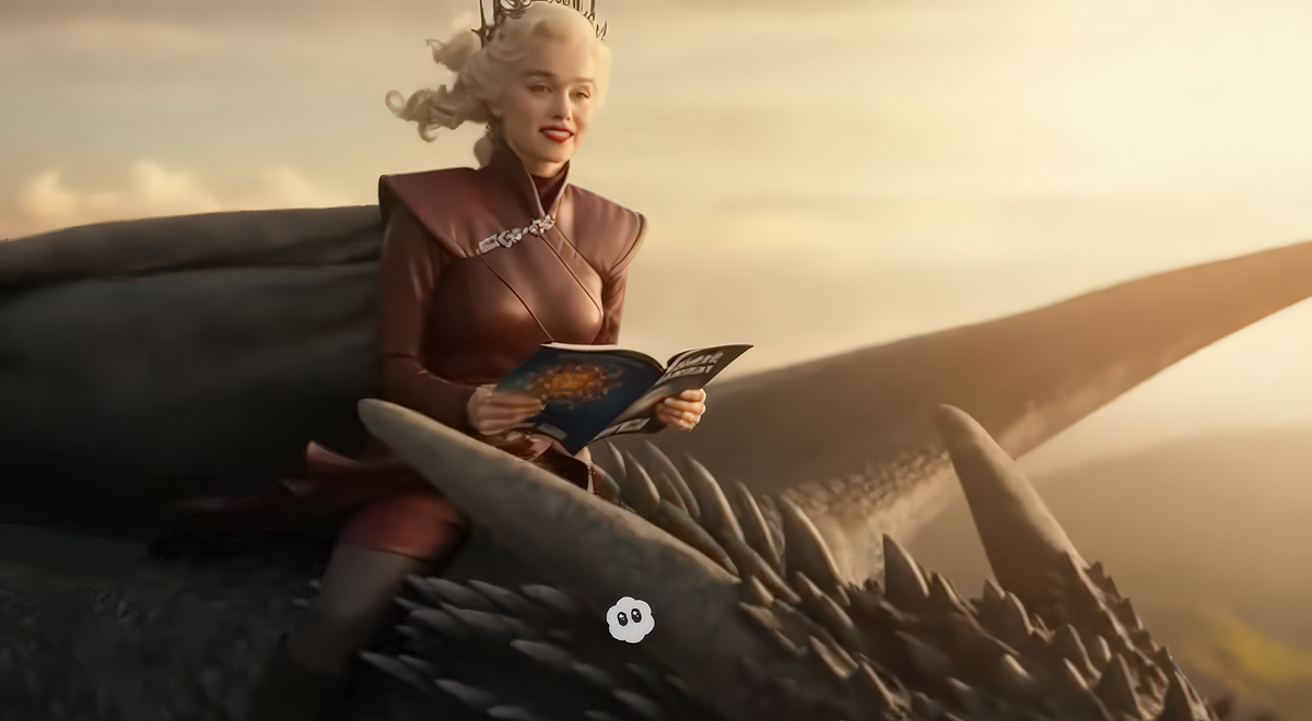 An AI-generated image of a blonde Marilyn Monroe-looking woman riding a dragon, reading a magazine. 