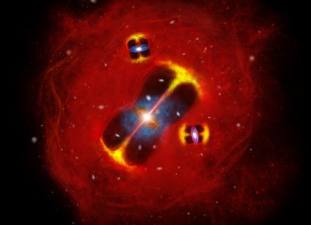 Artist’s impression of a forming galaxy cluster in the early universe