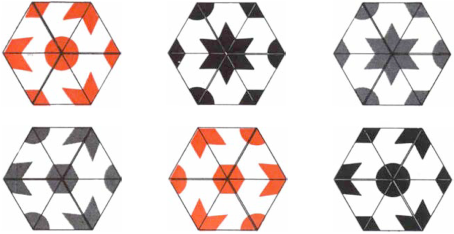 Six hexagon schematics. Each displays a unique quiltlike symbol pattern made up of colorized circles and polygons drawn at the points of each triangle.