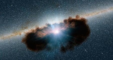 A shining black hole surrounded by a dark-red, donut-shaped cloud against the backdrop of space.