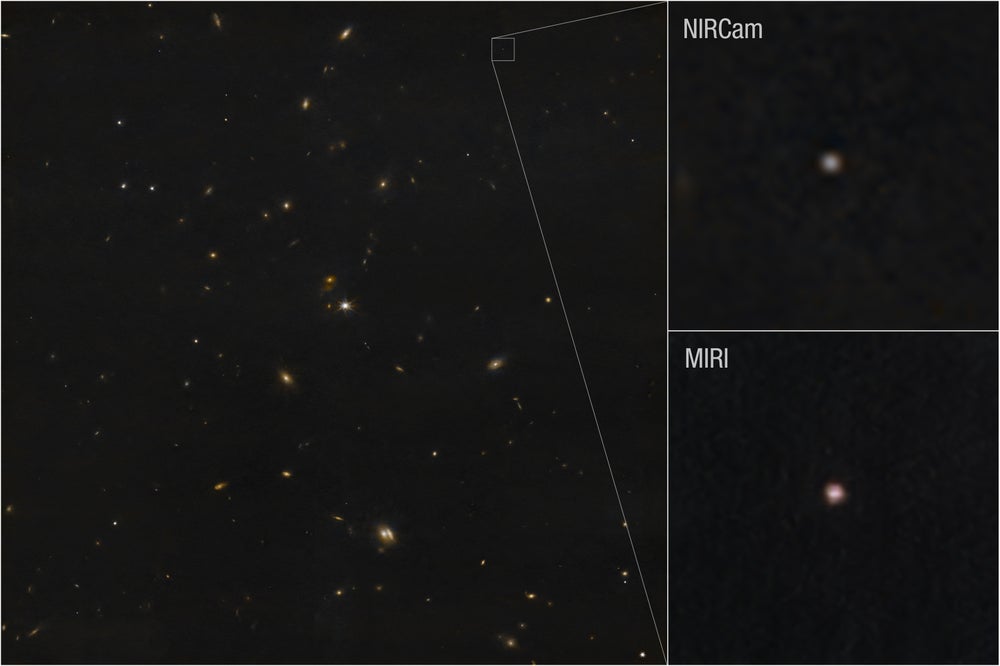 Estas imágenes del asteroide 2024 años 4 son un compuesto de exposiciones separadas adquiridas por el telescopio espacial James Webb utilizando los instrumentos NIRCAM y MIRI
