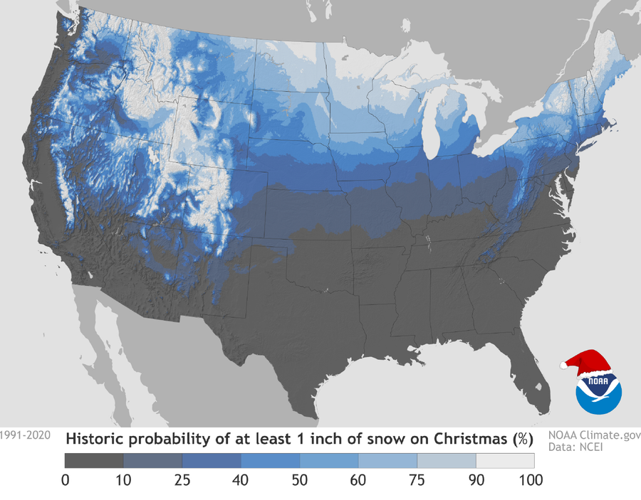 Mapa USA používá barevné kódování k zobrazení procentuální pravděpodobnosti, že na Vánoce napadne alespoň jeden palec sněhu v přilehlých 48 státech na základě údajů z let 1991 až 2020.