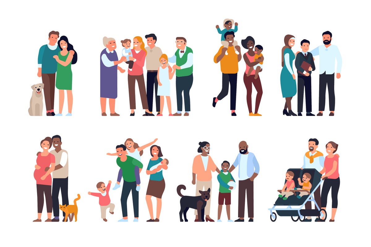 Illustration of happy families of different sizes and ages