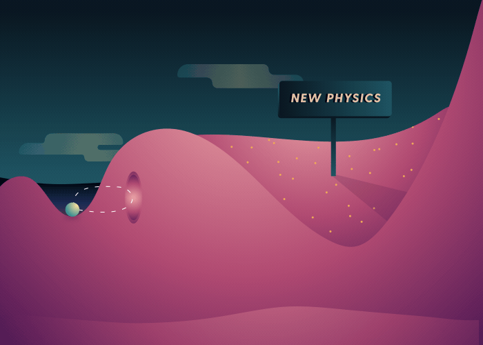 Two valleys are separated by a hill. A sphere in the higher valley bounces off a closed tunnel, denied access to the deeper valley. The deeper valley is also filled with sand. A "New Physics" sign is planted in that sand.