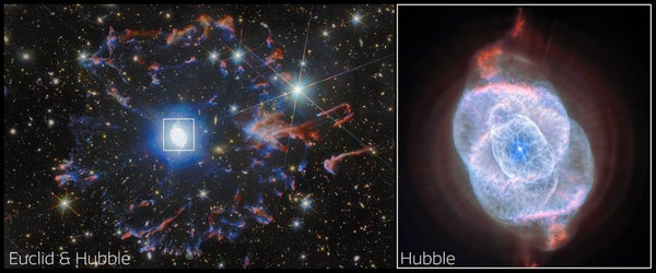 two side-by-side images of the nebula from a distance and in detail