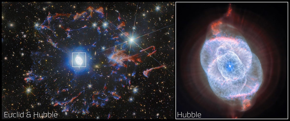 two side-by-side images of the nebula at a distance and in detail