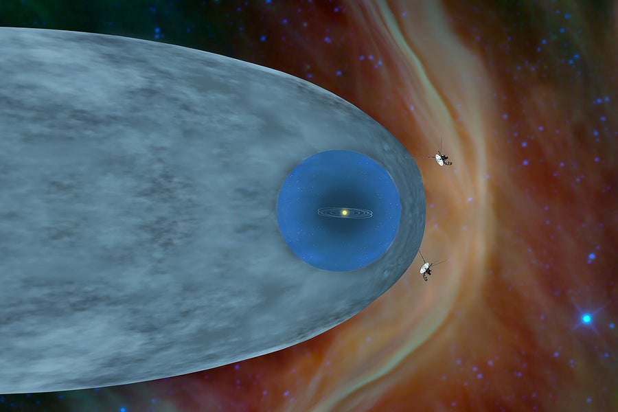 This illustration shows the position of NASA's Voyager 1 and Voyager 2 probes, outside of the heliosphere, a protective bubble created by the Sun that extends well past the orbit of Pluto